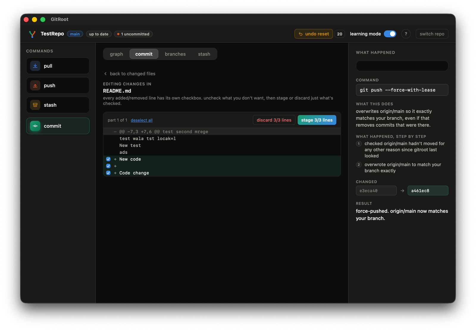 the line-level hunk editor with add/remove checkboxes